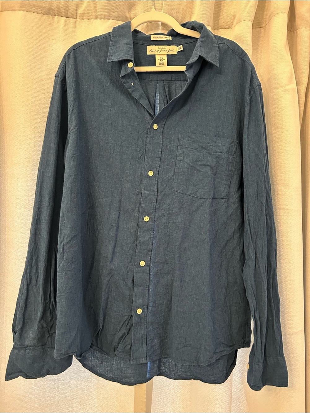 H&M Men's Button-Down Linen-Blend Shirt - Navy Blue